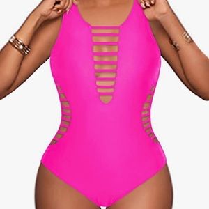 🆕 Aqua Eve One Piece Swimsuit Hot Pink V-Plunge Cutout  Size- M